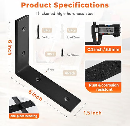 WINKER Corner Brace 4 Pcs Shelf Bracket Heavy Duty Black Steel L WINKER Corner Brace, Decorative Joint Angle Bracket for Shelf 6 InchX6 Inch Shelves Wall Hanging Bracket with Screws