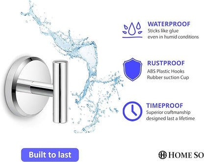 HOME SO Suction Cup Hooks for Shower & Bathroom Towel Holder 2-Pack – Suction Cups Hooks for Hanging Towels, Robes, & Coats - Tiles, Glass Door or Mirror – Shower Hooks & Towel Hooks - Chrome T-Shape