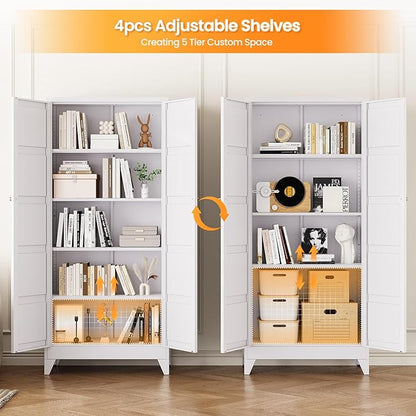 72" Tall Kitchen Cabinet Storage Unit With 2 Doors and 4 Adjustable Shelves, Metal White Freestanding Cupboard, 5 Tier Kitchen Pantry Storage Cabinet for Kitchen Dining/Living Room/Garage/Home/Office