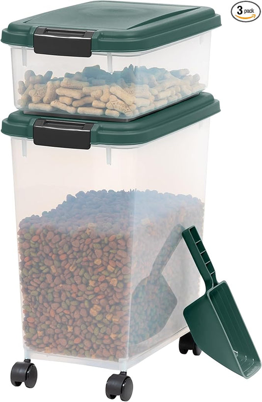IRIS USA Remington Dog Food Storage Container, 30 lbs, 11 lbs, Airtight, Stackable, Wheels, Food Storage, Treat Box, 2-Cup Scoop