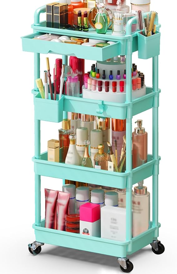 Makeup Cart Organizer with Drawers, 4 Tier Floor Skincare Organizers for Vanity, Rolling Makeup Bathroom Storage Cart Cosmetics Display Cases for Skin Care Perfume Nail Polish, Blue