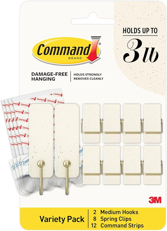 Command Mixed Hook Pack, Cream Speckle, 2 Medium Hooks, 8 Spring Clips, Great for Hanging Christmas Decorations