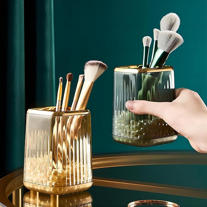 DASITON Makeup Brush holder Organizer, plastic Square Cosmetic Brush Storage Holder, Vintage Stripe Make Up Brush Cup Pen Pencil Holder（Amber