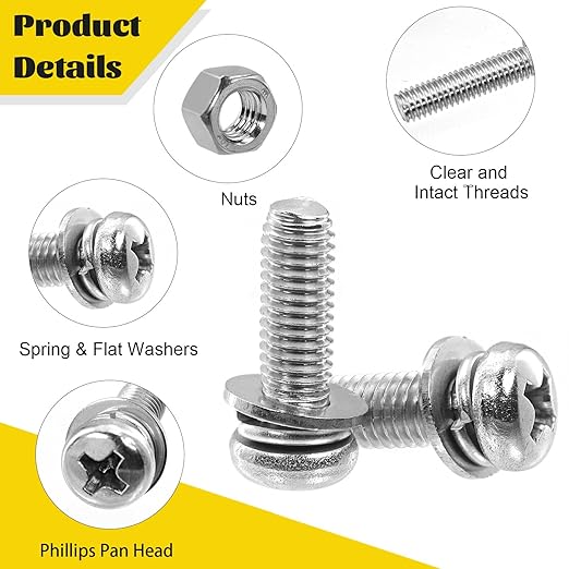 640PCS Machine Screws Assortment Kit, M2 M2.5 M3 M4 M5 Phillips Pan Head Bolts and Nuts Assorted Set, 304 Stainless Steel Metric Combination Screw with Fixed Washers (All-in-One Design)