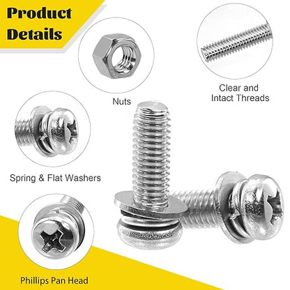 640PCS Machine Screws Assortment Kit, M2 M2.5 M3 M4 M5 Phillips Pan Head Bolts and Nuts Assorted Set, 304 Stainless Steel Metric Combination Screw with Fixed Washers (All-in-One Design)