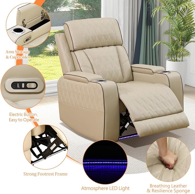 Khaki Leather Living Room Furniture Set,Power Theater Recliner Chair with Arm Storage and LED Lights, Reclining with Power Headrest and Cup Holders for Living Room/Home/Office