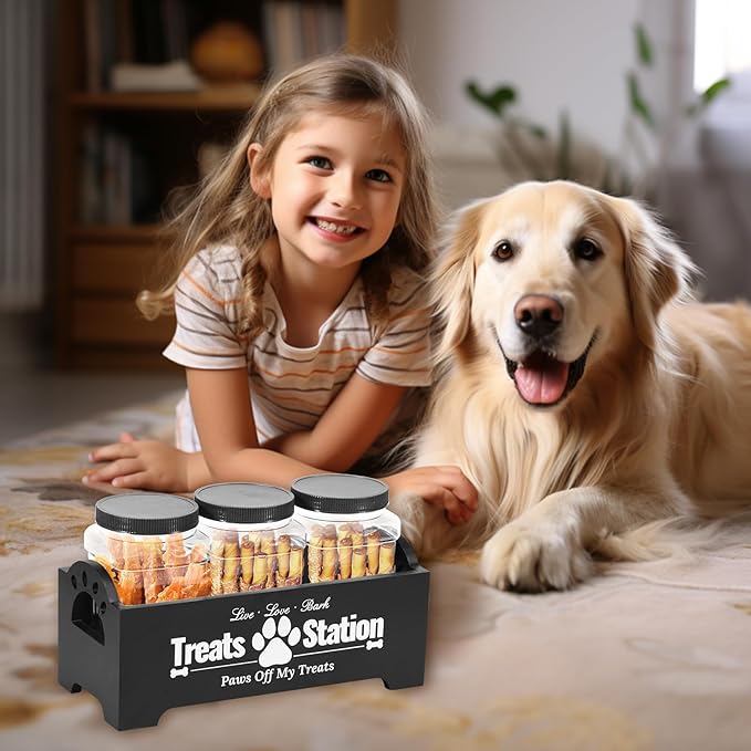 Dog Treat Container, Food Storage Container with 3 Plastic Dog Treat Jars, Reusable Cat Treat Container, Pet Treat Storage Organizer, Wood Dog Treat Holder, Dog Food Container for Dog Cat(black)