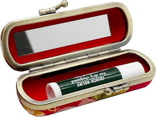 MIAO JIN Lipstick Case with Mirror Lipstick Holder Storage Bag Kiss Lock of Iron Mini Portable Vintage Floral Pattern Jewelry Cosmetic Case (Red)