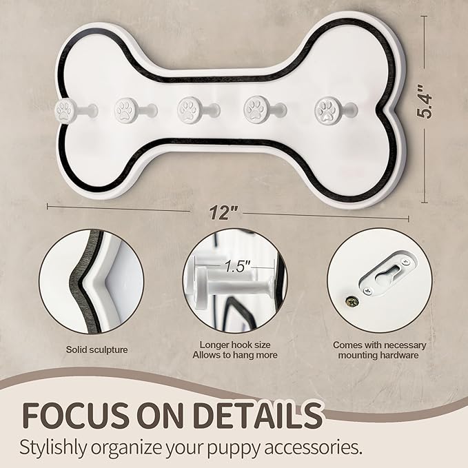 MTERSN Modern Farmhouse Dog Leash Holder for Wall - Decorative Key Hooks Wall Mount with Bone Shape and Coat Hanger for Entryway - Pets Accessories Storage for Dog Lover Gifts (Black & White)