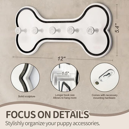 MTERSN Modern Farmhouse Dog Leash Holder for Wall - Decorative Key Hooks Wall Mount with Bone Shape and Coat Hanger for Entryway - Pets Accessories Storage for Dog Lover Gifts (Black & White)