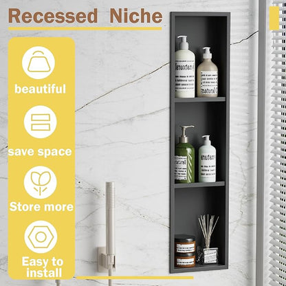Tall Niche Three-Tiered Shelves Embedded in The Wall，Shower Niche No Tile Needed for Bathroom Niche Decor ，Stainless Steel（Black 8"x 36"）