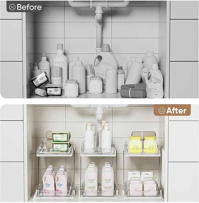 3 Pack Bathroom Organizers and Storage - Multi-Purpose,2-Tier Clear Pull Out Organization for Bathroom,Under Sink,Kitchen,Vanity,Countertop,Cabinet,Pantry & Medicine Cabinet,White