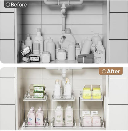 3 Pack Bathroom Organizers and Storage - Multi-Purpose,2-Tier Clear Pull Out Organization for Bathroom,Under Sink,Kitchen,Vanity,Countertop,Cabinet,Pantry & Medicine Cabinet,White
