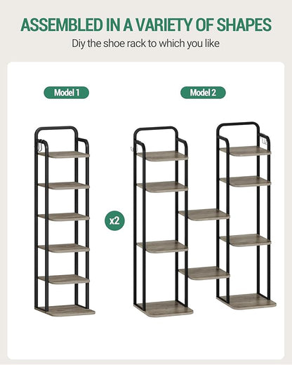 6 Tiers Vertical Shoe Rack, Narrow Shoe Tower, Tall Shoes Shelf with 2 Hooks, Adjustable Shelves, Corner Shoes Shelves for Small Spaces, Entryway, Living Room, Greige, SR04205B