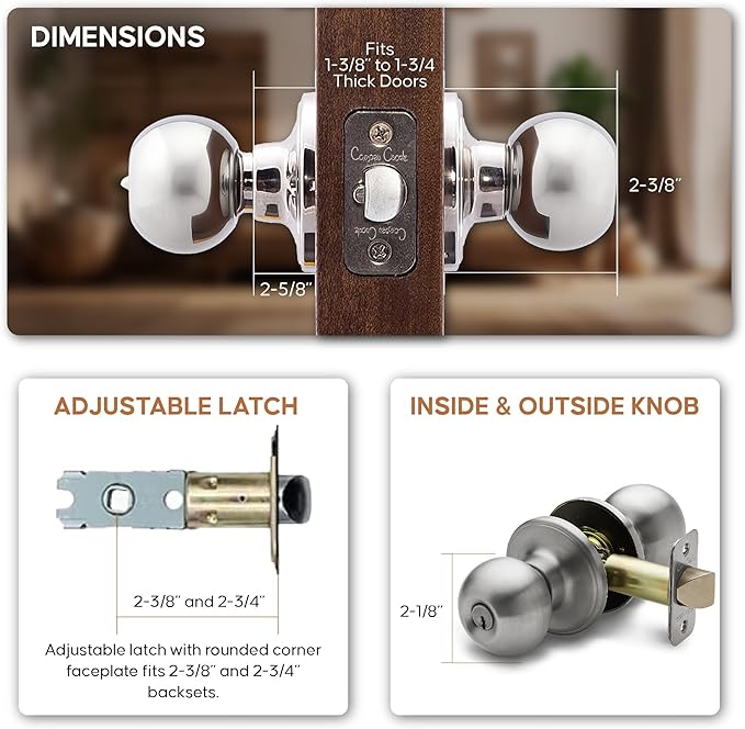 Copper Creek Entry Door Knob – Keyed Entry Handle with Lock and Key, ANSI Grade-3 Certified, DIY-Friendly Install for Interior and Exterior Entrance Doors – Satin Stainless (1 Pack)