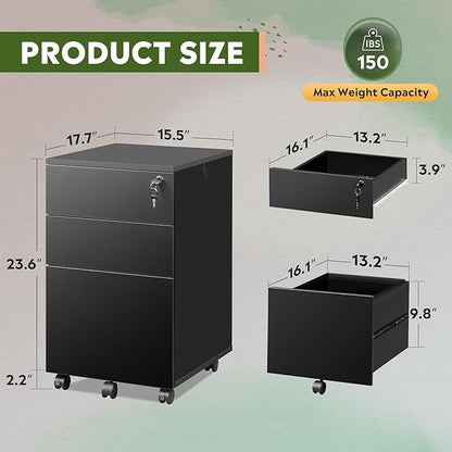 DEVAISE File Cabinet 3-Drawer, Small Office Furniture with Lock, Rolling Under Desk Filing Cabinet for Home Office,Black