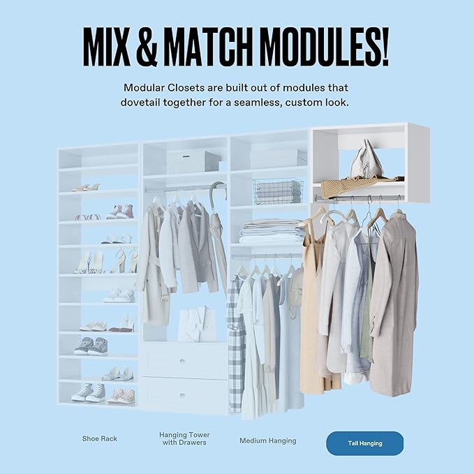 MC Modular Closets Vista Collection Tall Hanging Closet Organizer with Rod and Shelf (White, 34.5 Inches Wide)