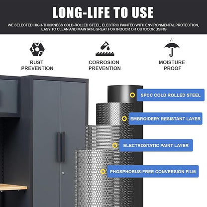 Garage Storage Cabinet System 7-Pcs Workshop Set Garage Cabinets and Storage System with Steel Cabinet Drawers, Workbench, Pegboard for Tool Organization