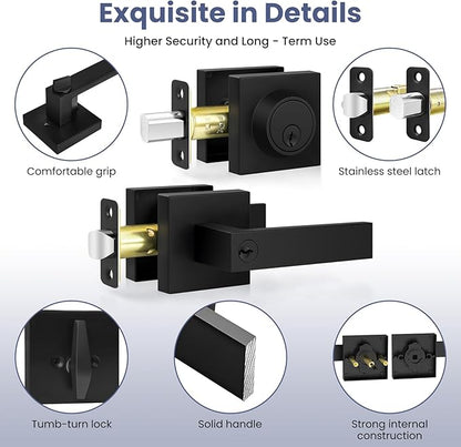 Estmoon Front Door Lock Set Exterior Door Handle, Keyed Alike Matte Black Door Locks for Front Door Heavy Duty Black Door Handle and Single Cylinder Deadbolt Lock, Garage Door Lock for Entrance,2 Pack