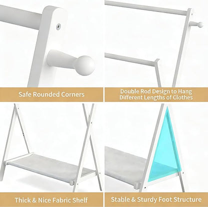 Kids Clothing Rack, Small Clothes Rack for Toddler Pets, Kids Dress Up Rack with Storage Shelf & Double Rods, Foldable Kids Clothes Rack for Nursery Child's Room (Regular Size - White)