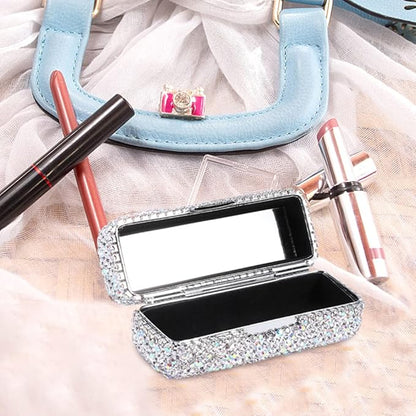 Rhinestone Lipstick Case with Mirror, Bling Crystal Lipstick Case Diamonds Makeup Cosmetic Storage Box Holder for Purse Ladies Fashion (Silver Color)