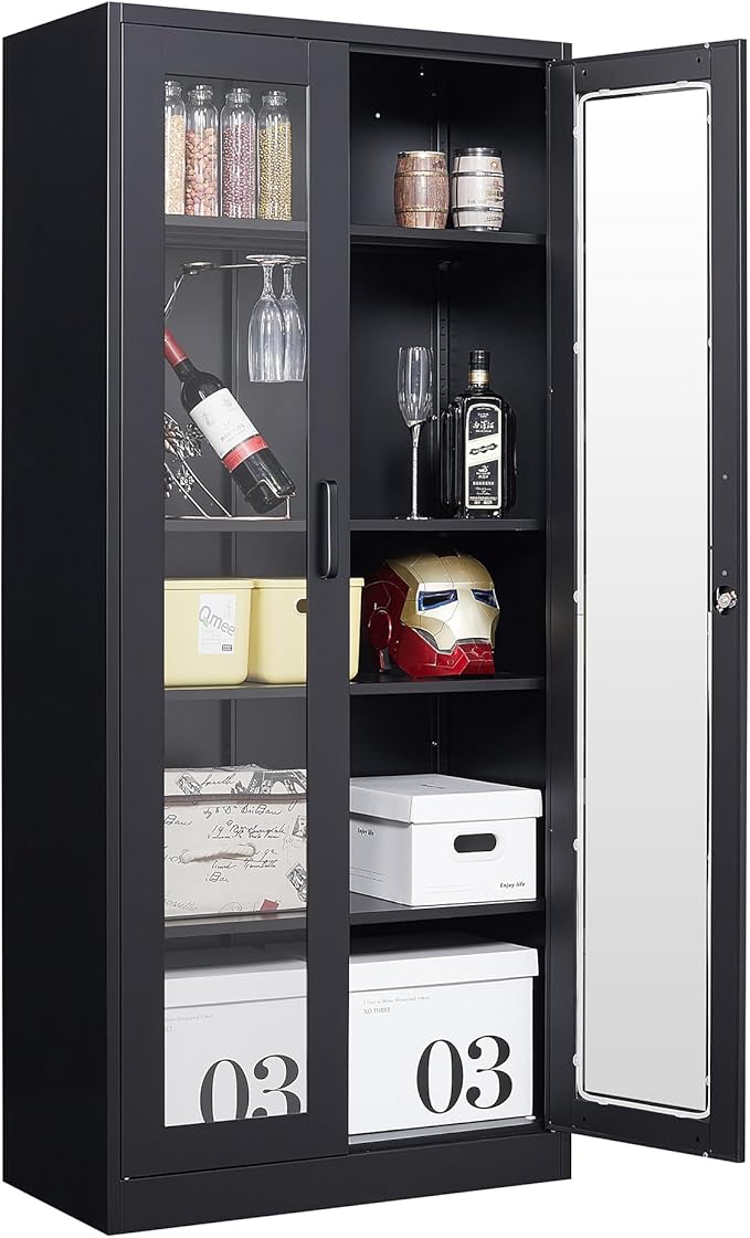 Glass Display Cabinet with 4 Adjustable Shelves, 71" Tall Curio Cabine with Tempered Glass Door, Liquor Cabinet with Lock, 5-Tier Bookcase Storage Cabinet for Home, Study, Living Room (Black)