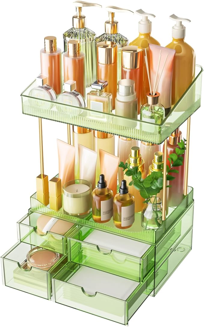 SNSLXH 4 Drawers Makeup Organizer - 4 Tier Makeup Storage, Cosmetics Organiser, Ideal for Cosmetic, 4 Dividers with Drawers for Countertop, Bathroom, Office Supplies, Dresser Transparent Green