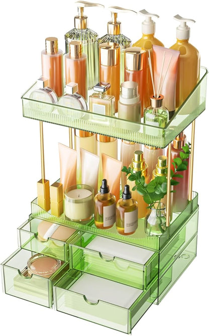 SNSLXH 4 Drawers Makeup Organizer - 4 Tier Makeup Storage, Cosmetics Organiser, Ideal for Cosmetic, 4 Dividers with Drawers for Countertop, Bathroom, Office Supplies, Dresser Transparent Green