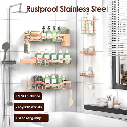 Shower Caddy Adhesive Shower Organizer 8-Pack, Rustproof Stainless Steel Bathroom Shelves, Large Capacity No-Drill Rack Storage Accessories with Soap Dish Toothbrush Holder Hooks