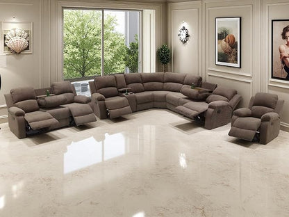 5PCS Brown Reclining Sectional Sofa Set with Recliner Sofa and Chair, Living Room Furniture Sets, Corduroy Reclining Couch with 5 Recliner Seats, Drop-Down Table, Cup Holders for Living Room