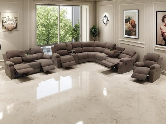5PCS Brown Reclining Sectional Sofa Set with Recliner Sofa and Chair, Living Room Furniture Sets, Corduroy Reclining Couch with 5 Recliner Seats, Drop-Down Table, Cup Holders for Living Room