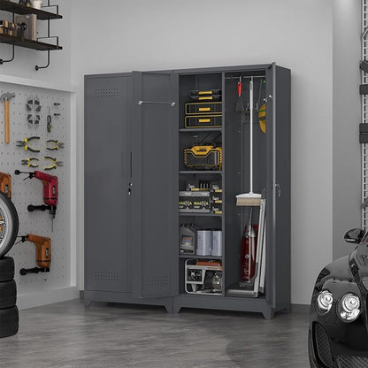 72.8" H Metal Garage Storage Cabinets, Metal Storage Cabinet with Hanging Rod & S-Hooks, Broom Closet Storage with Shelves, Functional Storage Cabinets for Garage, Warehouse, Grey
