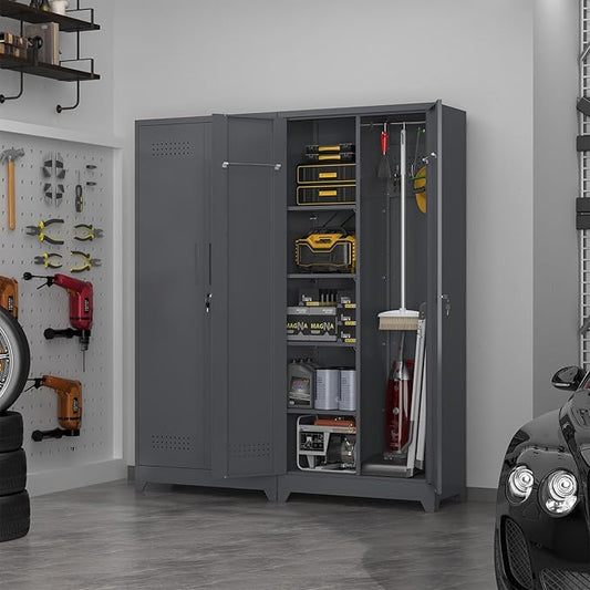 72.8" H Metal Garage Storage Cabinets, Metal Storage Cabinet with Hanging Rod & S-Hooks, Broom Closet Storage with Shelves, Functional Storage Cabinets for Garage, Warehouse, Grey