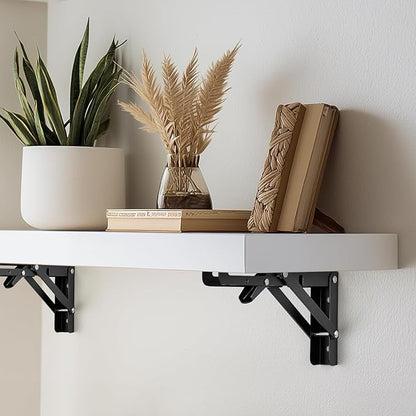 Home Expert 16 Inch Folding Shelf Brackets, 4 Pack (2 Pairs) Heavy Duty Metal Collapsible Wall-Mounted Brackets, Space-Saving DIY Foldable Shelf for Benches and Tables, Matte Black