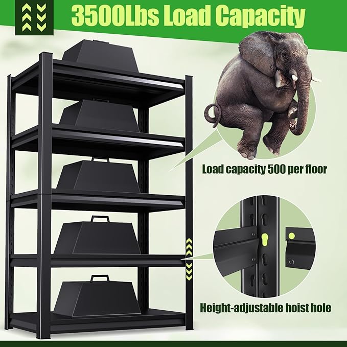 Garage Shelving,Heavy Duty Garage Storage Shelves,Metal Shelving Unit,5 Tier Adjustable Steel Utility Shelf,Use for Basement,Warehouse, Pantry Closet,Black (Steel-72 H*45.7" W*19.7" D)