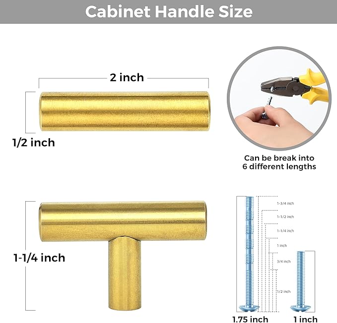 5 Pack Brushed Brass Cabinet Knobs - Kitchen Cabinet Knobs Gold Cabinet Pulls for Kitchen Cabinet Drawer Stainless Steel Dresser Knobs for Cabinet Hardware 2in Length Single Hole T Bar