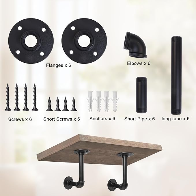 Storystore Industrial Pipe Shelf Brackets, 6 Pack Iron L-Shaped Shelving Brackets for 7-14 inches Board, Heavy Duty Metal Shelving Bracket - Black DIY Pipe Shelves (6.5 x 3.5 Inch)