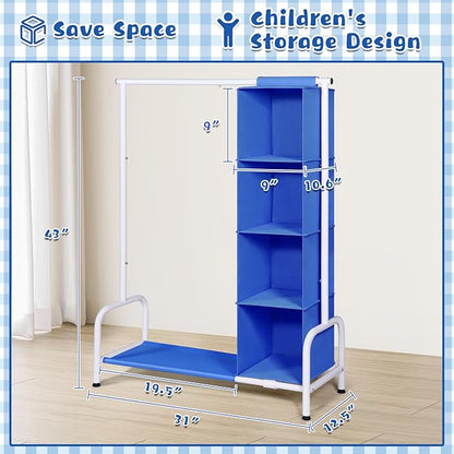 Univivi Kids Dress Up Rack with Hanging Organizer, Child Dress Up Storage for Hanging Clothes, Dance Costume Garment Rack for Baby Clothes, Dance Costumes, Blue/White