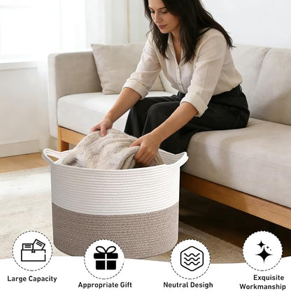 115L Large Blanket Basket,23.6" L x 23.6" W x 15.7" H Rope Woven Baskets with Handles, Toys Storage Bins,Laundry Basket Perfect for Living Room, Nursery,Bedroom,Home Organization,White&Brown