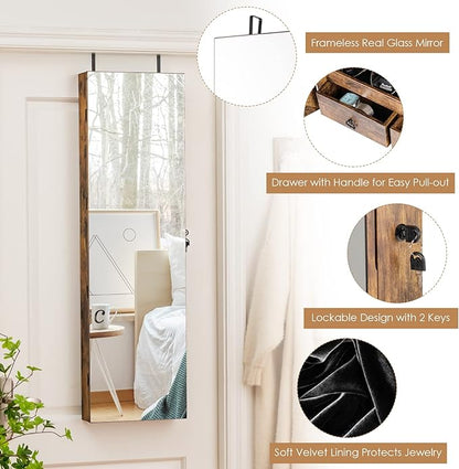 Giantex Wall Door Mounted Jewelry Armoire Cabinet with 47.5" H Full Length Mirror, 2 LEDs Lockable Jewelry Organizer Box with Bracelet Rod, 2 Drawers, Large Storage Capacity (Rustic Brown)