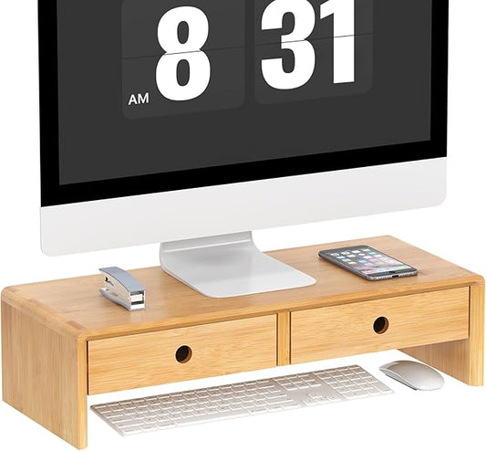 Ufine Bamboo Monitor Stand with 2 Drawers Desktop Organizer Computer Screen Laptop Riser Ergonomic Height for Home Office