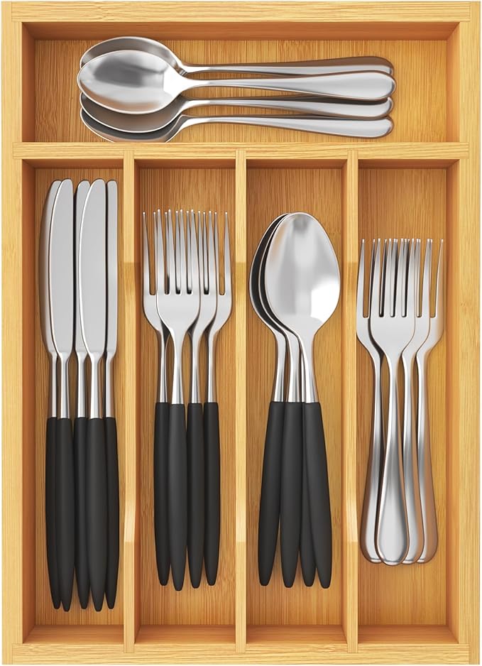 Lifewit Silverware Drawer Organizer, Utensil Tray for Kitchen, Flatware and Cutlery Holder, Storage for Spoons Forks Knives, 8.6 x 12.5", Natural