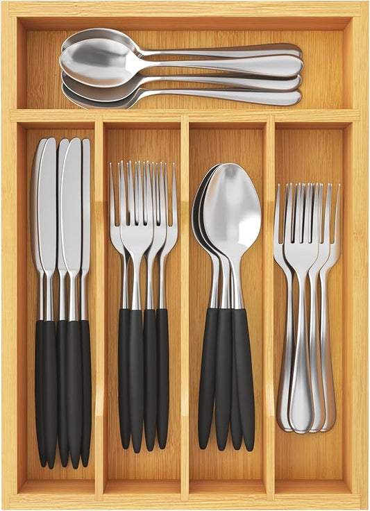 Lifewit Silverware Drawer Organizer, Utensil Tray for Kitchen, Flatware and Cutlery Holder, Storage for Spoons Forks Knives, 8.6 x 12.5", Natural