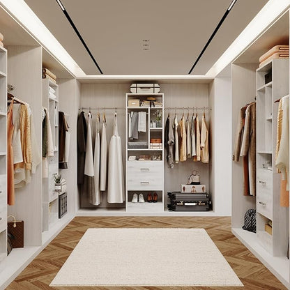 COTUBLR Closet System, 48" W - 105” W Closet Organizer with 24” Tower and 2 Extendable Hanging Rods, Walk-in Wardrobe Garment Rack with 2 Wooden Drawers and 6 Shelves, Fit up to 600 LBS (White Oak)