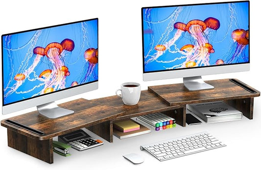Dual Monitor Stand Riser, Laptop Computer Riser Adjustable Length and Angle, Desktop Wooden Stand 2 Tiers with Storage Organizer for Home Office(Brown)