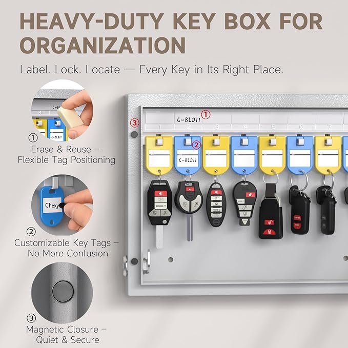 WeHere 24 Key Lock Box Wall Mount, APP Bluetooth/OTP/Wi-Fi/Fixed Code/Key Unlock, Smart Key Cabinet with Key Tag, Key Organizer Holder Box, Key Management Directory for Office, Valet, Realtor, Hotel