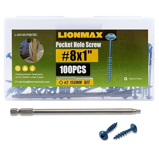 LIONMAX Pocket Hole Screws 1 Inch, 100 PCS Exterior Pocket Screw #8 x 1, Coarse Thread, Square Drive, Blue Coated Weather Resistant Pocket Hole Screws, 150MM Drive Bit Included