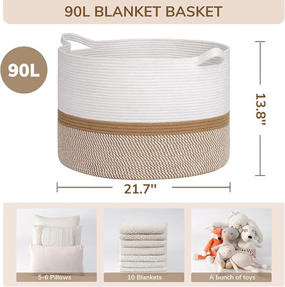 INDRESSME XXXLarge Cotton Rope Basket 21.7" x 21.7" x 13.8" Woven Baby laundry Blanket Basket for Home Decor Living Room Nursery, Toy Storage Baskets for Kids Boys Girls, White & Camel Mix