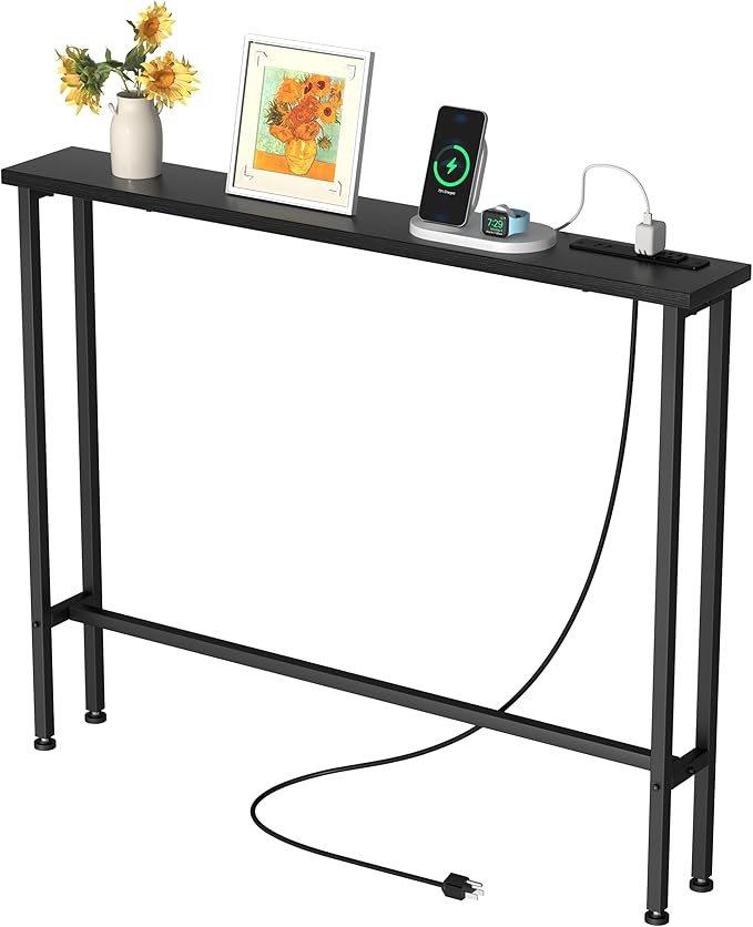 GRLEAF 39" Narrow Console Sofa Table with Built-in Power Strip (2 AC Outlets & 2 USB Ports) – 4.9ft Power Cord, Metal Frame, Easy Assembly, Ideal for Behind Couch, Hallway, and Home Office | Black