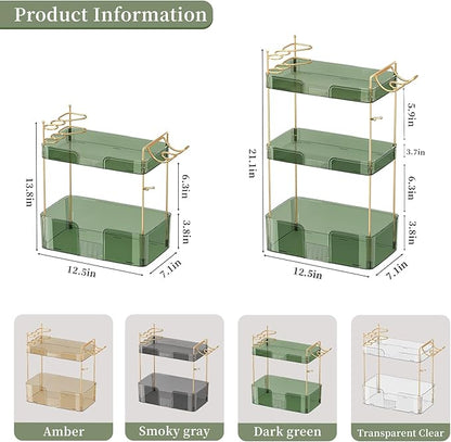 3 Tier Bathroom Organizer Countertop Makeup Perfume Tray Skincare Organizer Comes with Hair Dryer Rack and Toothbrush Holder for Bathroom Dresser Vanity (Green)